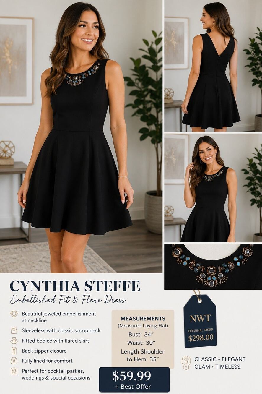 🆕Cynthia Steffe Dress Womens SZ 4 Black Jeweled Embellished Fit Flare NWT $298